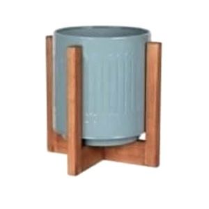 Blue Metal Planter & Wooden Base